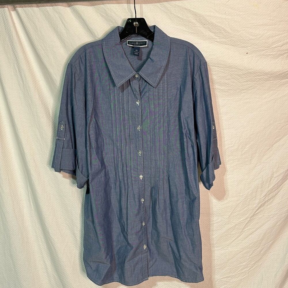 Karen Scott 2x blue chambray longer style button down blouse 💯 cotton euc